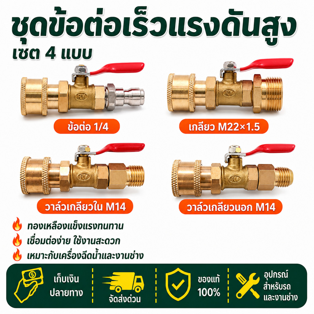วาล์วน้ำทองเหลือง 1/4 M22 M14 หัวฉีดล้างแอร์ ข้อต่อเร็ว หัวต่อปืนฉีดน้ำ ใช้กับเครื่องฉีดน้ำแรงดันสูง