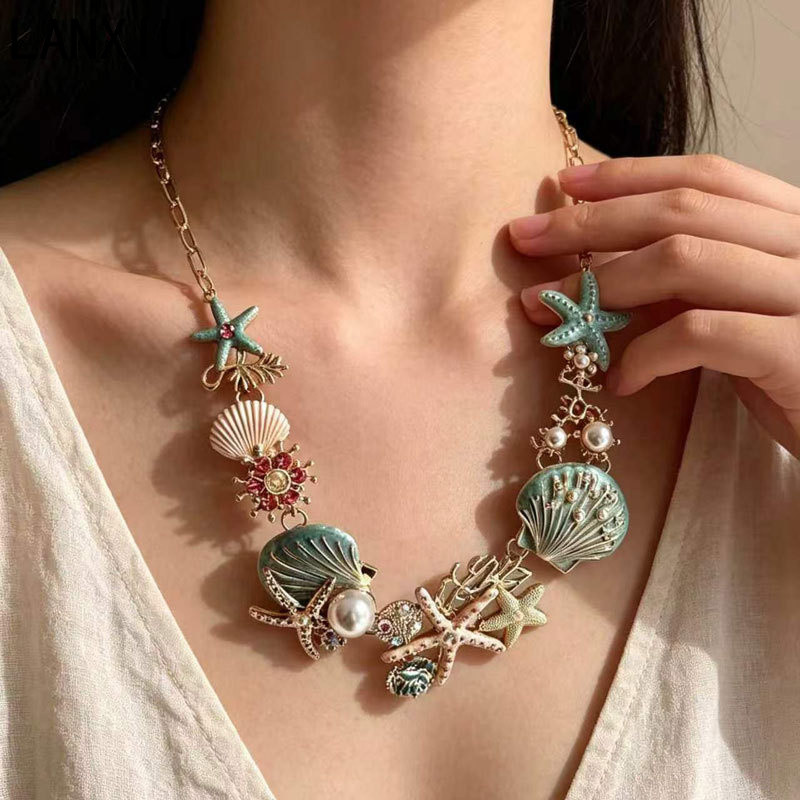 LANXIU Retro Ocean Statement สร้อยคอที่มีสีสันเคลือบปลาดาว Charms Gold Chain สําหรับวันหยุดชายหาด