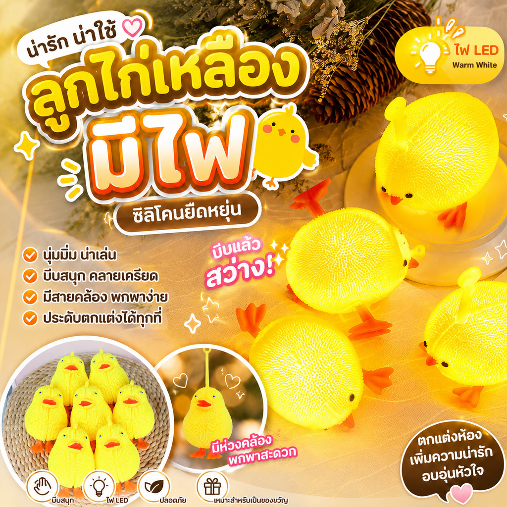 ลูกไก่เหลือง มีไฟ ตุ๊กตาสกุชชี่ Squishy นุ่มนิ่ม ช่วยบรรเทาความเครียด พักสมอง คลายกังวล ช่วยปรับอารมณ์ ที่ใช้ได้ทุกวัย