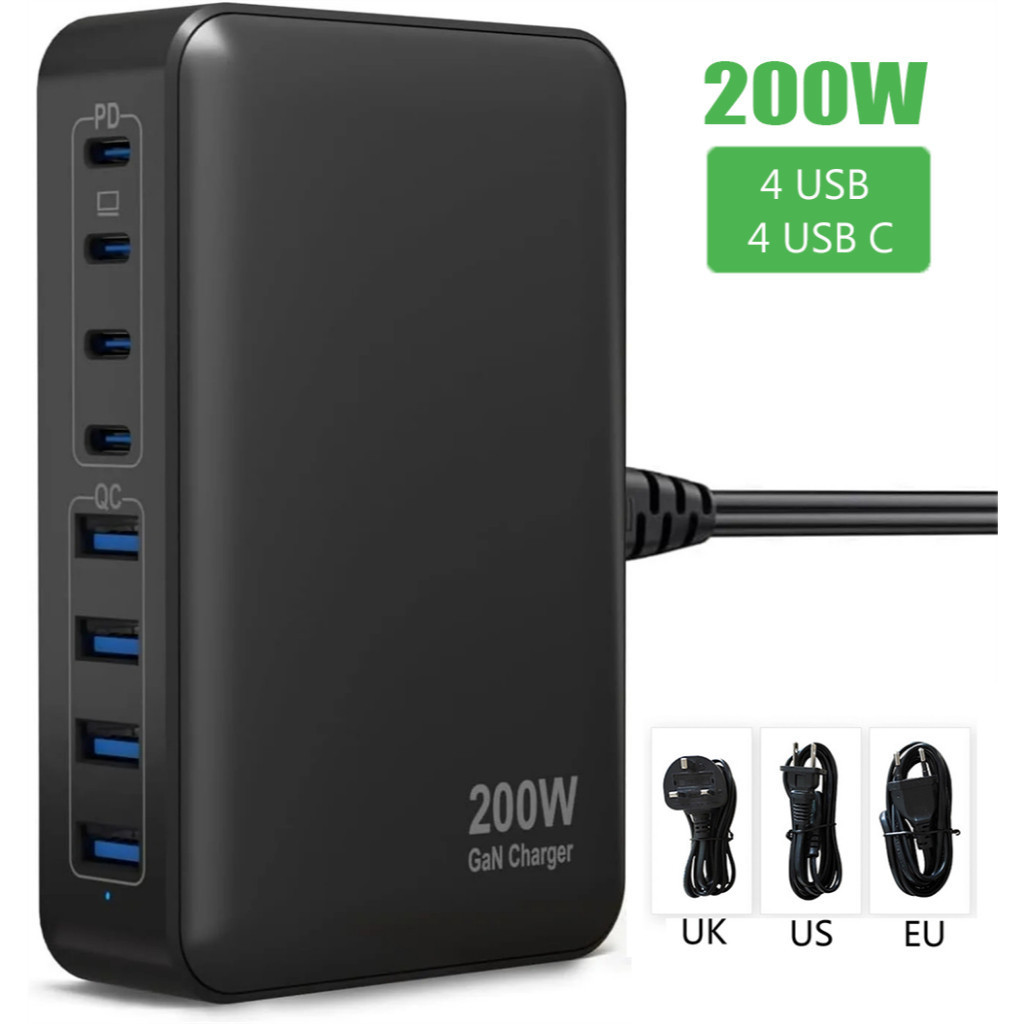 200W GaN Charger Station USB C Charger 8-Port 4A4C Multiple Fast Charging PD 65W Wall Charger Adapte