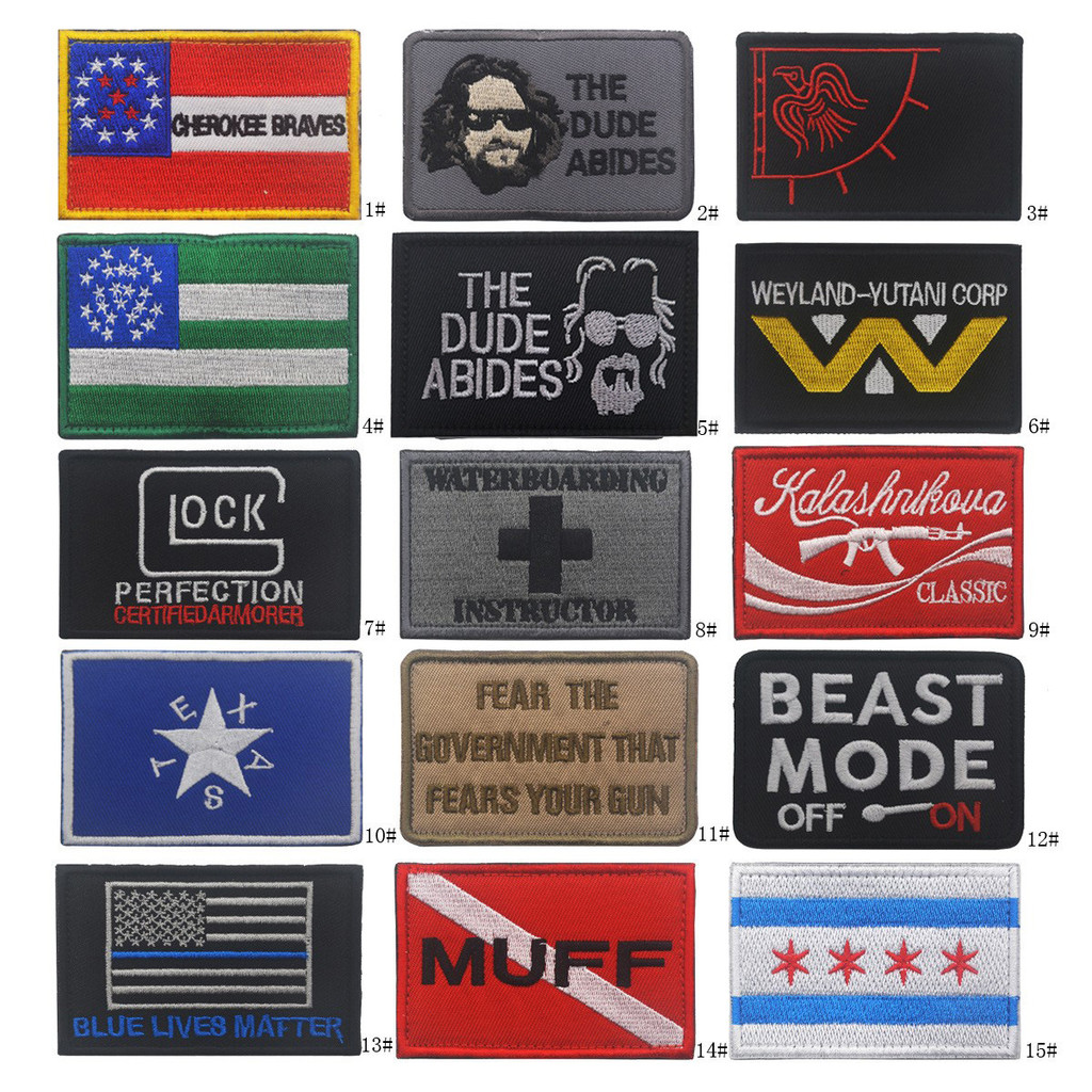 วัฒนธรรม Themed Hook Loop Patch Set Featuring The Dude Abides Weyland Yutani Corp Beast Mode Off On And Kalashnikova ดีไซน์คลาสสิกสําหรับกระเป๋าเป้สะพายหลังแจ็คเก็ต