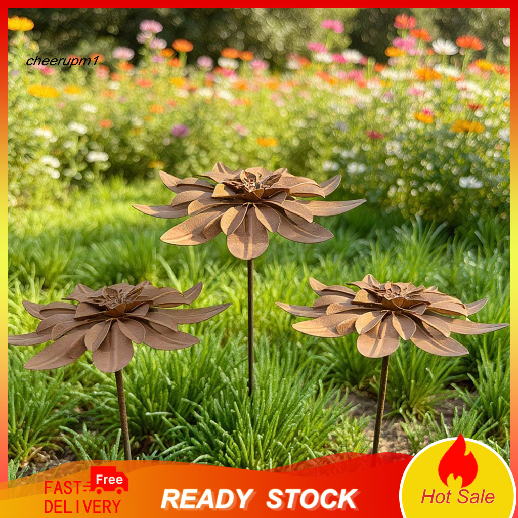 CHEER กลางแจ้งโลหะดอกไม้ตกแต่ง 3D วินเทจเหล็กสวนดอกไม้ Stake Rustic สําหรับ Yard สนามหญ้า ทนสภาพอากาศ กลางแจ้ง