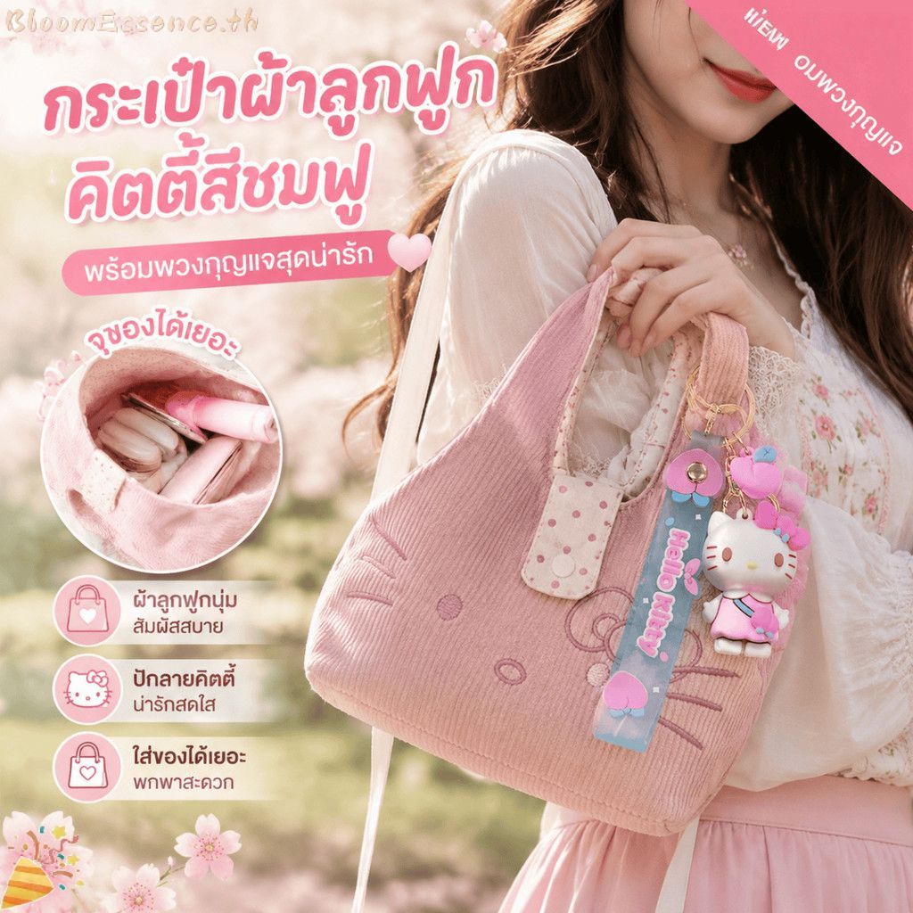 【COD】 กระเป๋าคล้องข้อมือผ้าลูกฟูกปักลายคิตตี้สีชมพูน่ารัก พกพาสะดวก เหมาะสำหรับใช้ในชีวิตประจำวันและโอกาสทั่วไป 【BloomEssence】