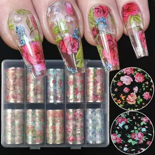 DSTH 10 ม้วนเล็บฟอยล์ชุดดอกไม้ Rose Transfer กระดาษผีเสื้อดอกไม้ Sliders สําหรับ DIY เล็บ Salon เครื่องมือตกแต่งบ้านร้อน