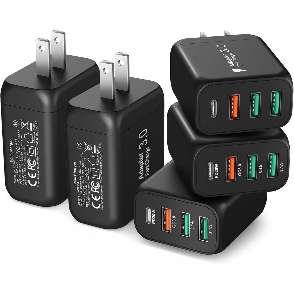 USB C Wall Charger 5 Pack, Bangfun 40W QC+PD 3.0 Fast Charging Blocks หลายพอร์ต USB Wall Plug Power 