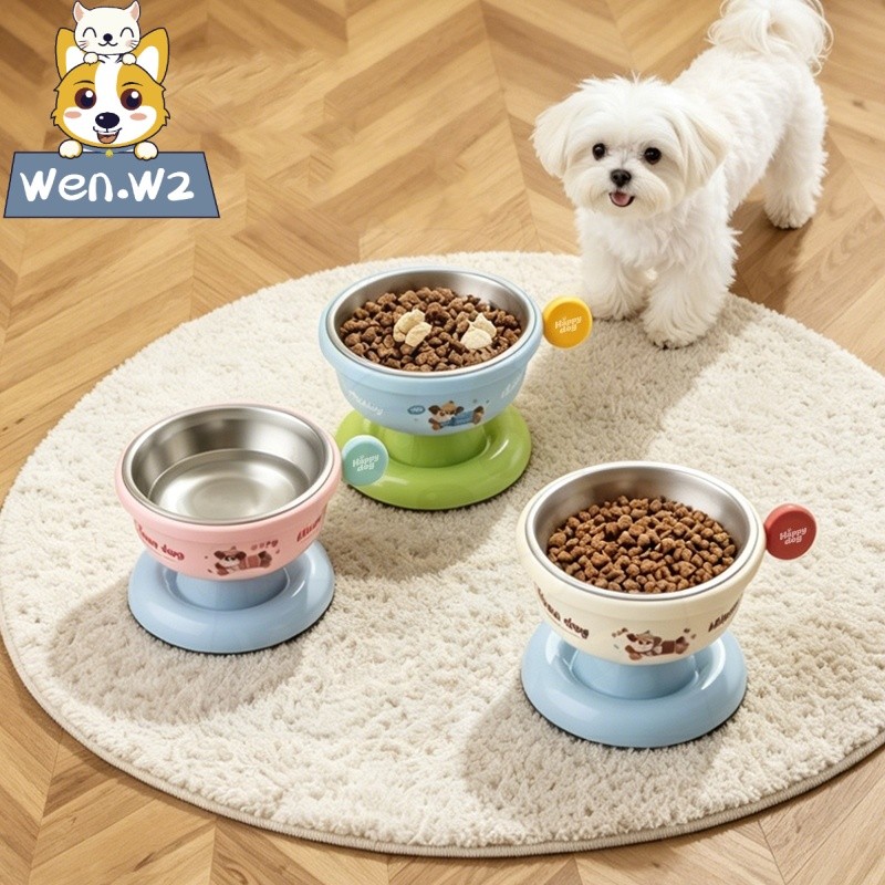 wen.W2 ชามสแตนเลสสำหรับสัตว์เลี้ยง ต่อกันได้ ป้องกันการพลิกคว่ำ ขาสูงช่วยถนอมคอ 🐱🐶