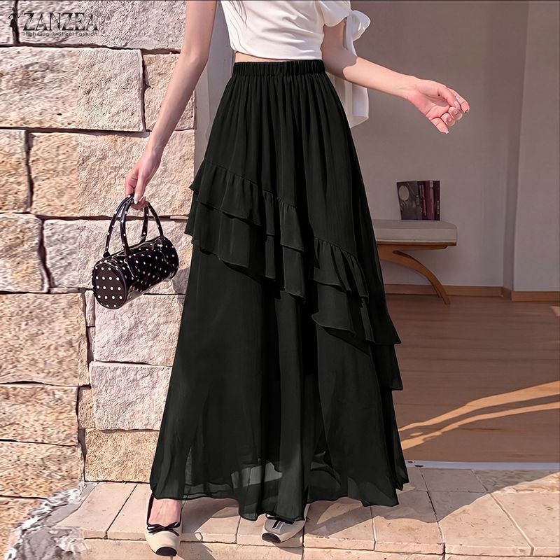 ZANZEA ผู้หญิงเกาหลี Elegant Ladylike เอวยางยืด Ruffles Splicing หลวม Maxi A-Line Oversirt — صورة 4
