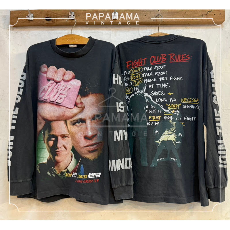 [ ล้านเสื้อ ] Fight Club biowashed long sleeve Brad Pitt, Edward Norton เสื้อหนัง ปี1999 ผ้า100 ฟอกน
