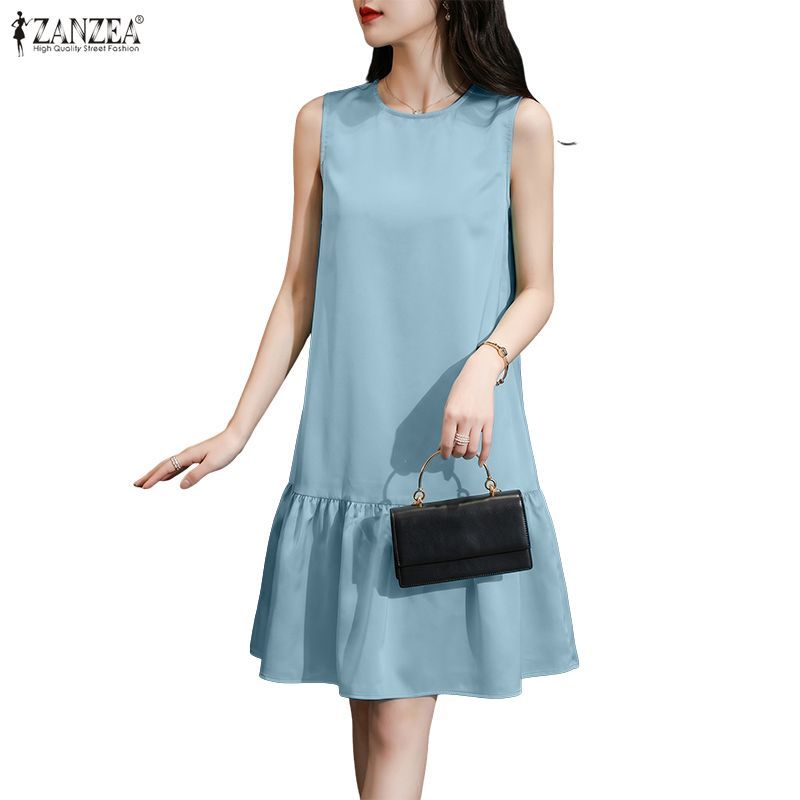 ZANZEA ซานเซีย ผู้หญิงวันหยุดเกาหลีรอบคอแขนกุดสีทึบหลวมจีบชุด