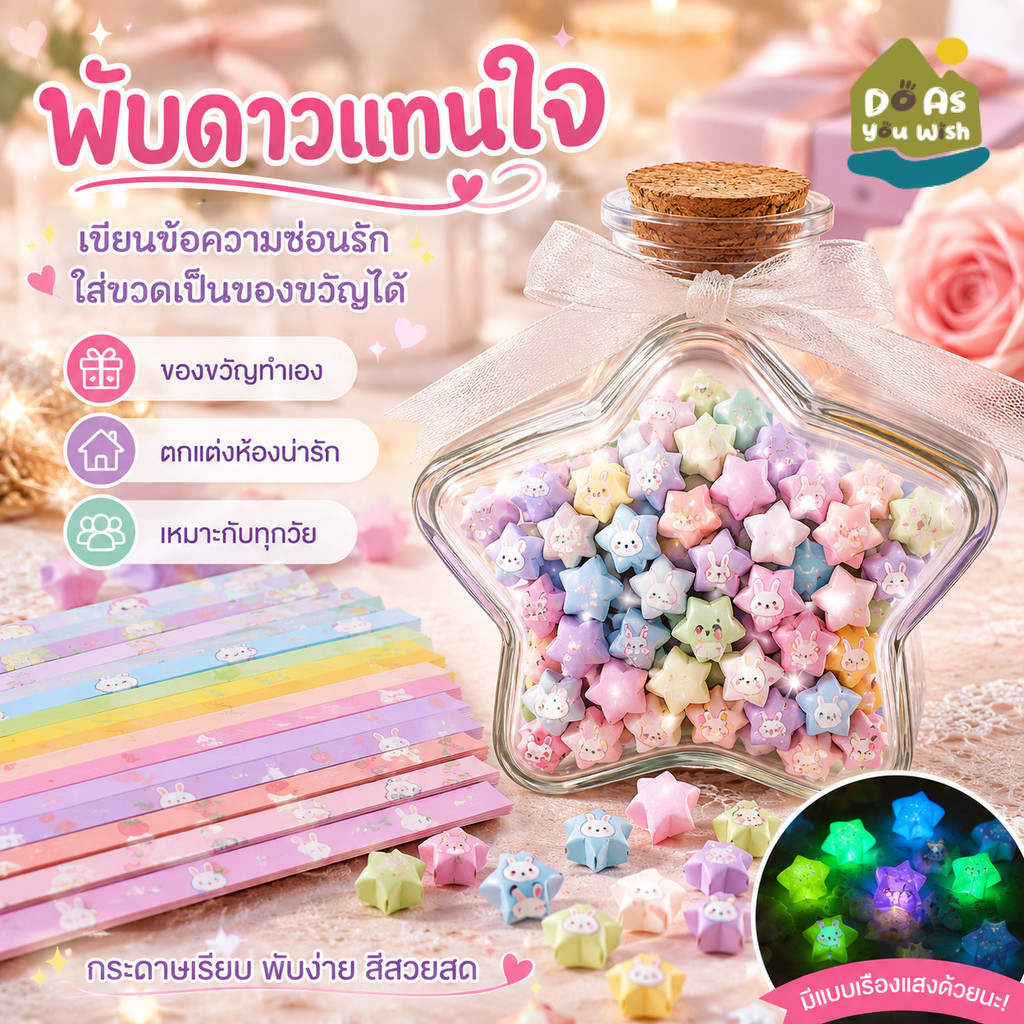 กระดาษพับดาว 210-540 แผ่น กระดาษทำดาว DIY สีพาสเทล/เรืองแสง/กลิตเตอร์ พับง่าย สำหรับตกแต่ง ขวดดาว ของขวัญ