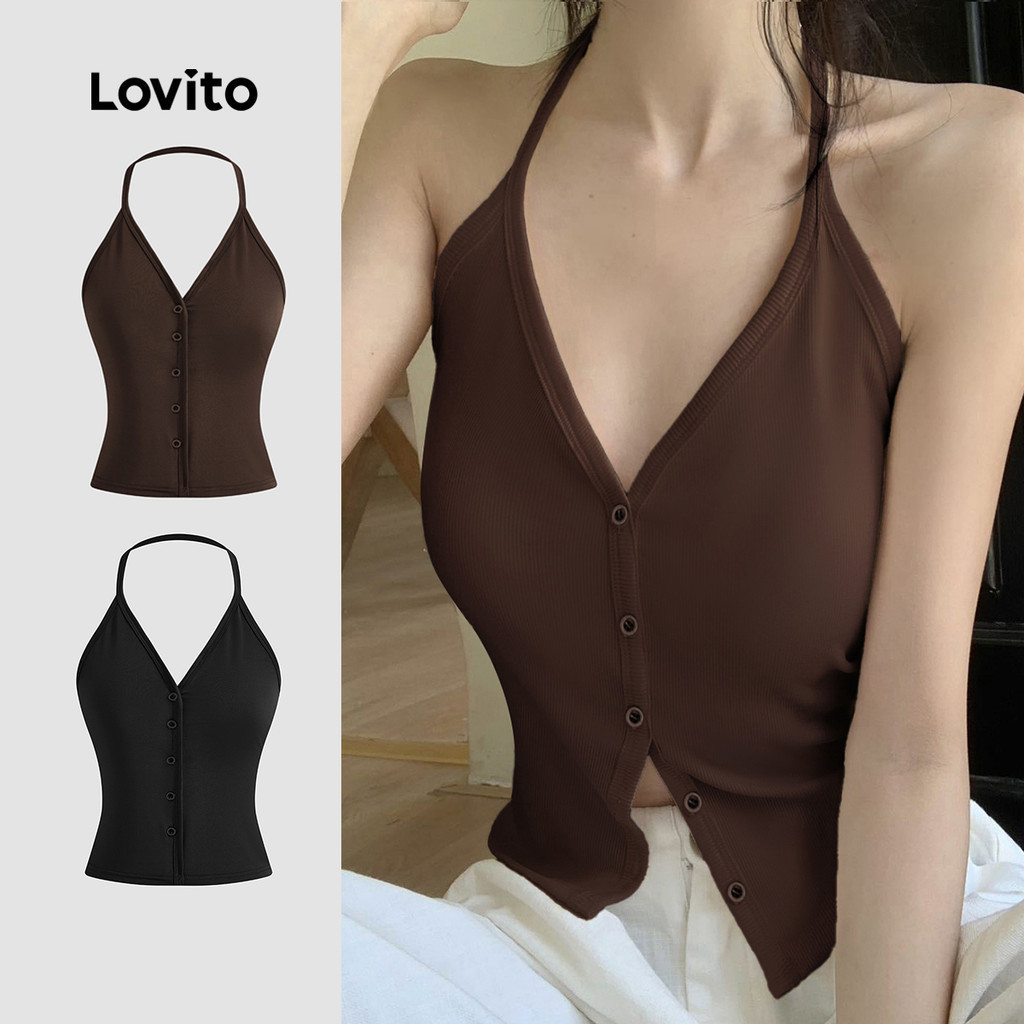 Lovito เสื้อกล้ามกระดุมสีพื้นแบบลําลองสําหรับผู้หญิง L121AD1192