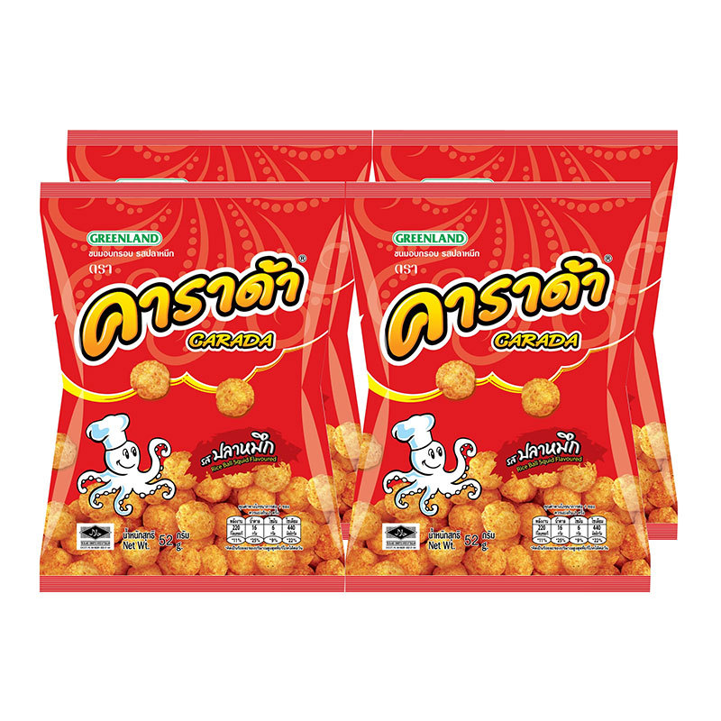 คาราด้า ขนมอบกรอบ รสปลาหมึก 52 ก. x 4 (CARADA Crispy Snack Squid Flavor 52 g x 4)