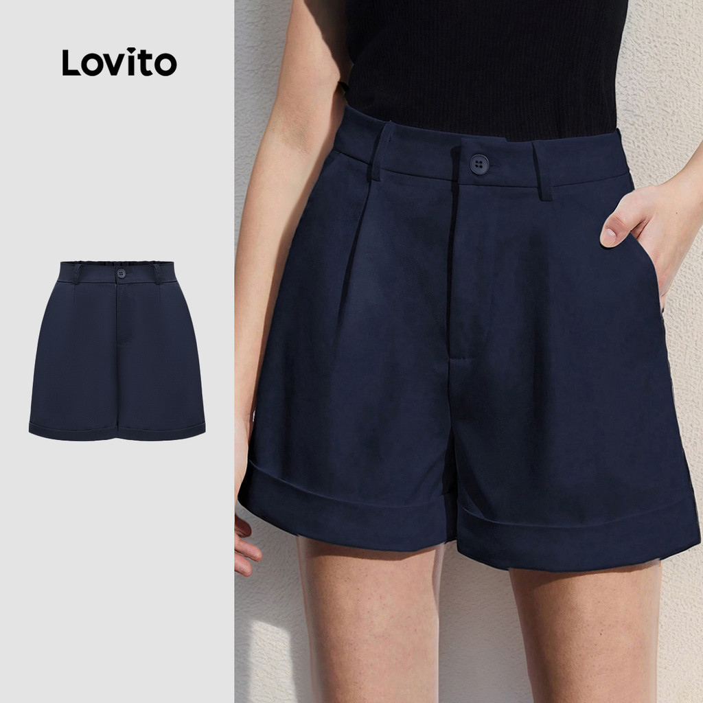 Lovito กางเกงขาสั้นหรูหราสั้นสองชั้นธรรมดาสําหรับผู้หญิง L95ED830