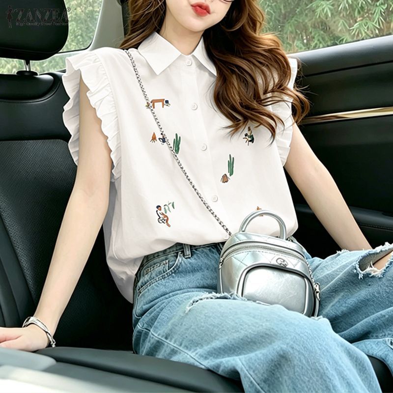 ZANZEA ใส่ ซานเซีย ผู้หญิงเกาหลีฤดูร้อนหวานปกนัวเนียแขนการ์ตูนพิมพ์ปุ่มขึ้นวันหยุดเสื้อลําลอง — صورة 4