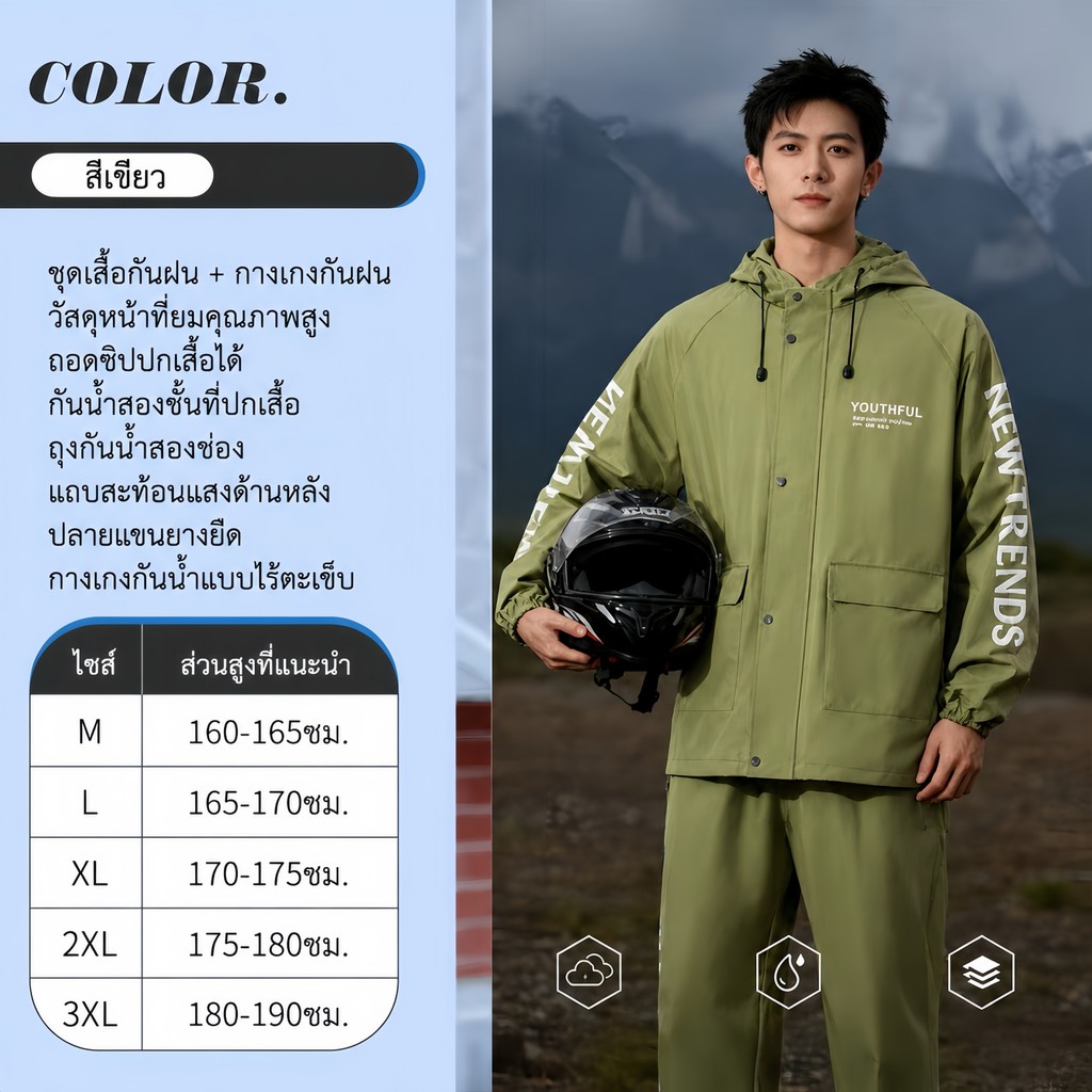 PVC เสื้อกันฝน แฟชั่นกันน้ำ ชุดเสื้อกันฝนผู้ใหญ่ มีแถบสะท้อนแสง ติดหมวก พรีเมี่ยม Unisex ชุดกันฝนขี่มอเตอร์ไซค์