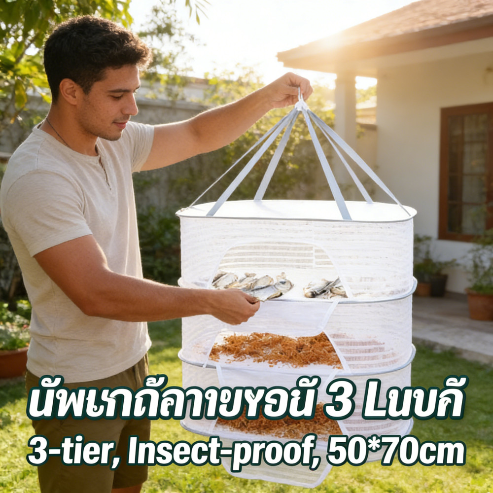 50*70cm มุ้งตากอาหาร ที่ตากอาหาร 3 ชั้น มุ้งตากอาหาร มี 3 ขนาด พร้อมซิปปิดกันแมลง ที่ตากหมู คอนโดตากปลา ที่ตากปลา ตา