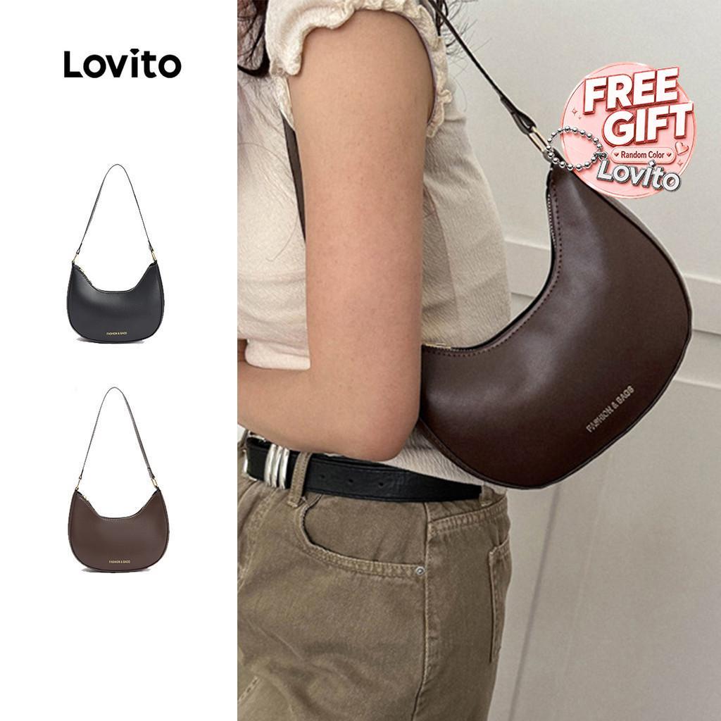 Lovito ลำลองกระเป๋าสะพายไหล่ สีพื้นพื้นฐาน กระเป๋าสะพายไหล่ สำหรับผู้หญิง L66AD030 (สีน้ําตาล/ดํา)