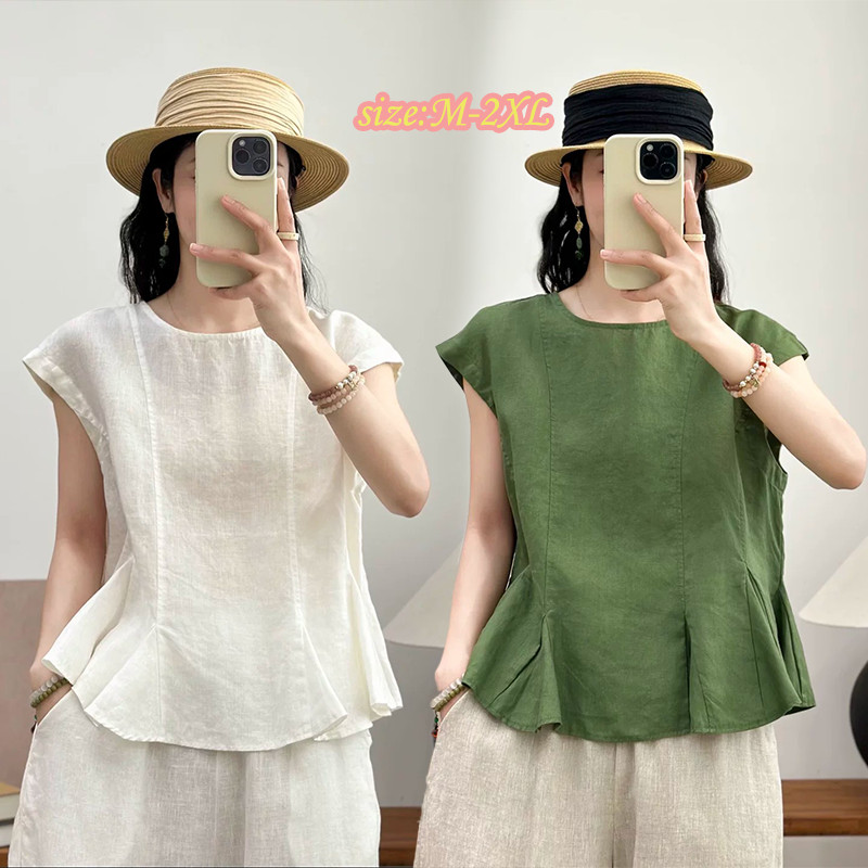w732 เสื้อเชิ้ตไร้แขนผ้าฝ้ายป่านคอกลม รุ่นใหม่ฤดูร้อน ดีไซน์รอยย่น ขอบเสื้อระบาย มีหลายสีให้เลือก เหมาะใส่ทำงาน