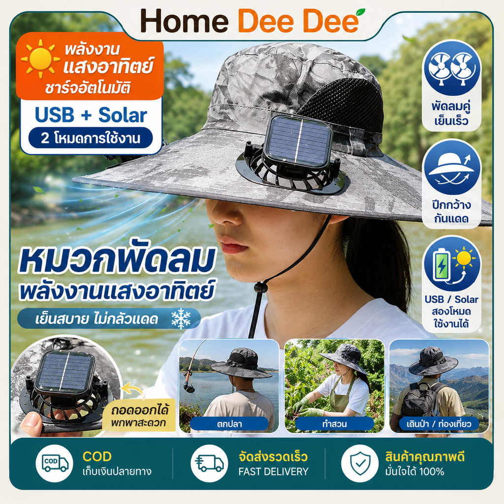 หมวกพัดลมพลังงานแสงอาทิตย์ 2 พัดลม UPF50+ ชาร์จ USB ได้ ถอดพัดลมได้ หมวกกันแดด ระบายความร้อน กันรังสียูวี