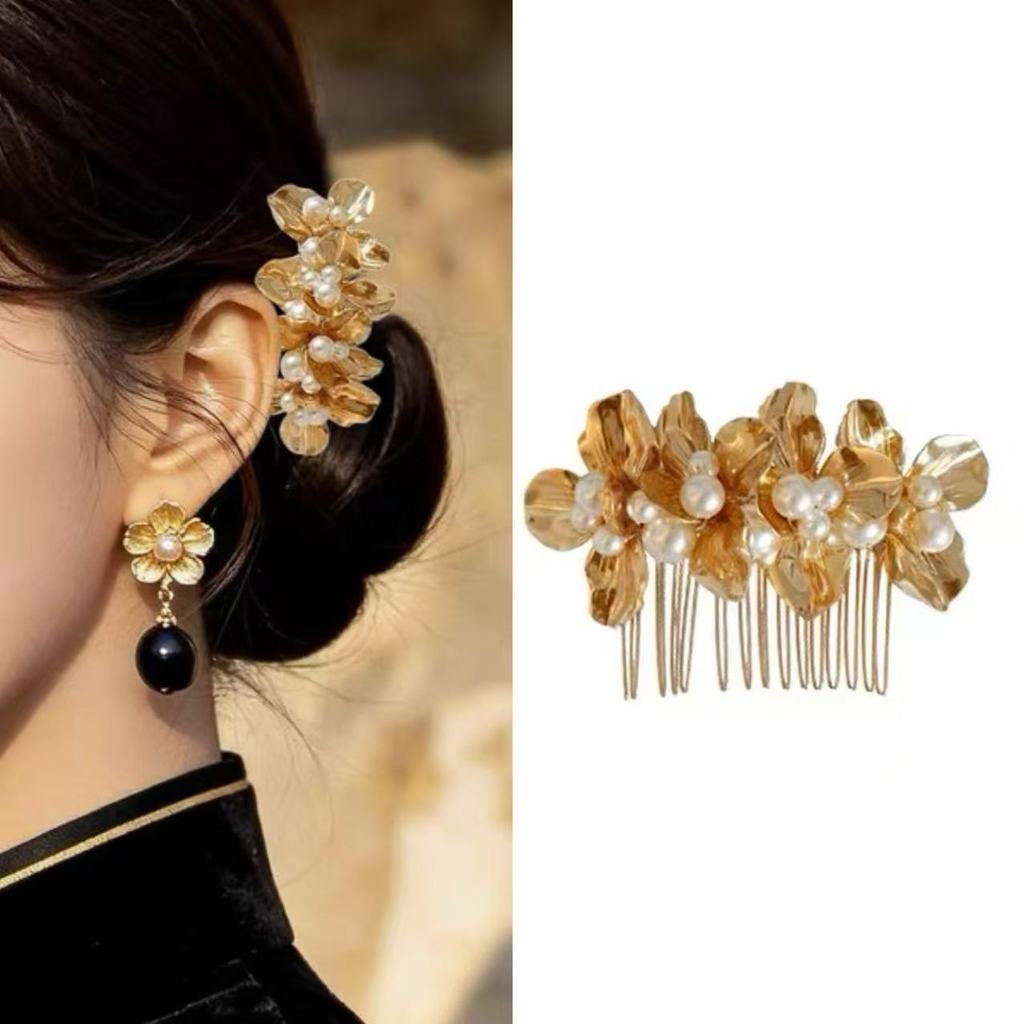 Retro Golden Pearl ดอกไม้หวี Hairpin ความรู้สึกระดับไฮเอนด์เจ้าสาว Cheongsam Hanfu หวีผม Hairpin
