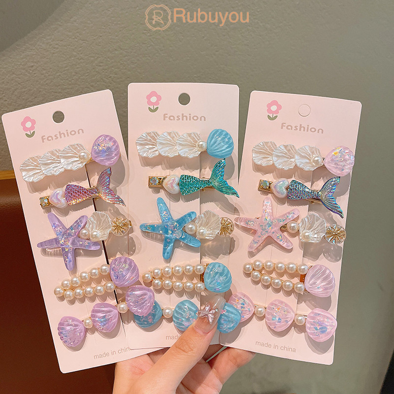 Rubuyou ชุดกิ๊บติดผมรูปเปลือกหอยปลาดาวน่ารัก 5 ชิ้น ซีรี่ส์ทะเลฤดูร้อน กิ๊บติดผมหน้าม้าสไตล์เจ้าหญิง-COD💕