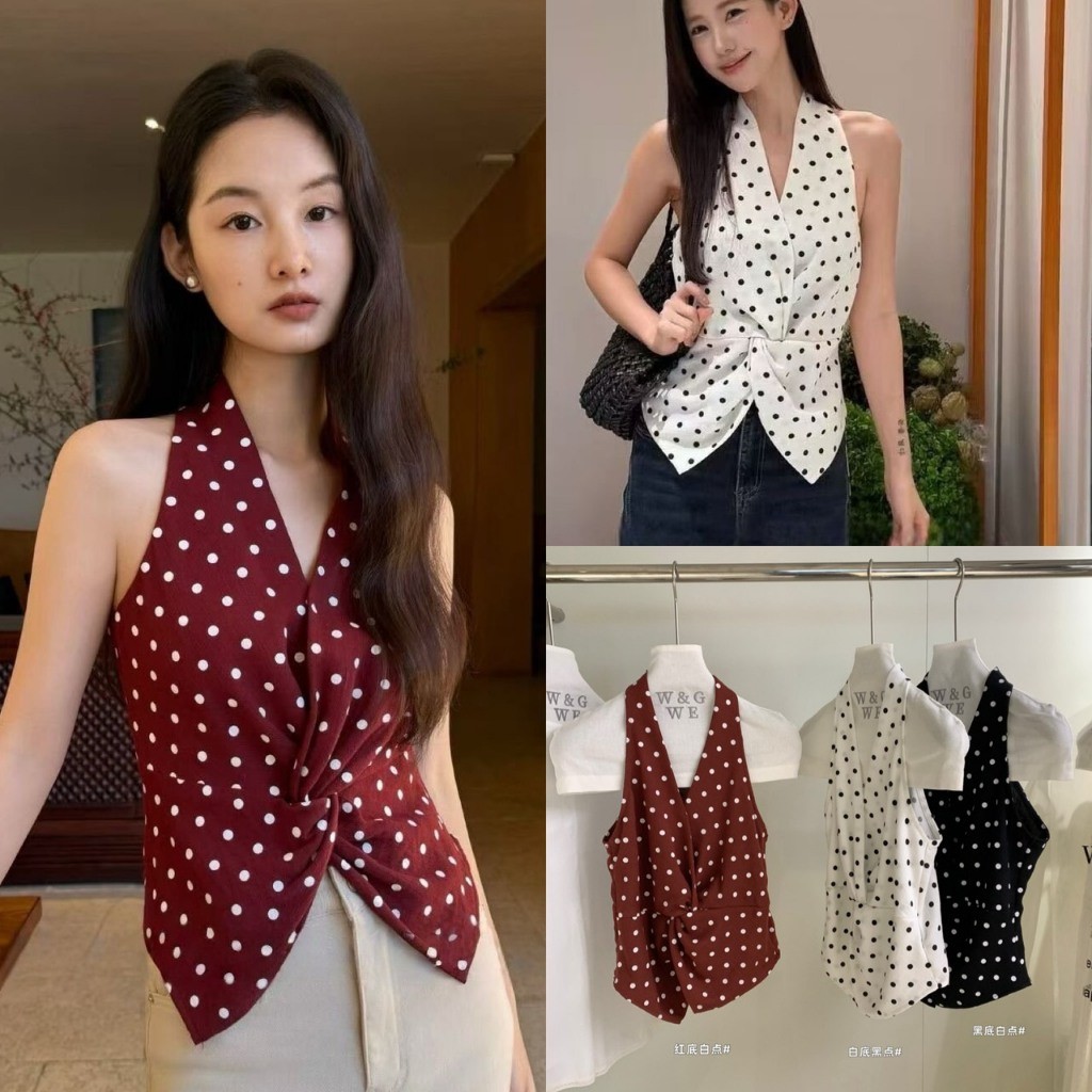 🤎 🤎 🇰🇷 W9707 เสื้อแขนกุดคล้องคอ ลายจุด polka dot จับจีบด้านหน้า ผ้าเข้ารูป แฟชั่นเกาหลี TAG WG.WE ✈