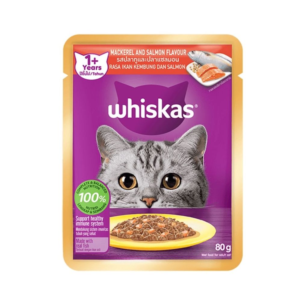 วิสกัส อาหารเปียกแมวโต รสแมคเคอเรลและแซลมอน Whiskas Adult Wet Cat Mackerel and Salmon 80g.