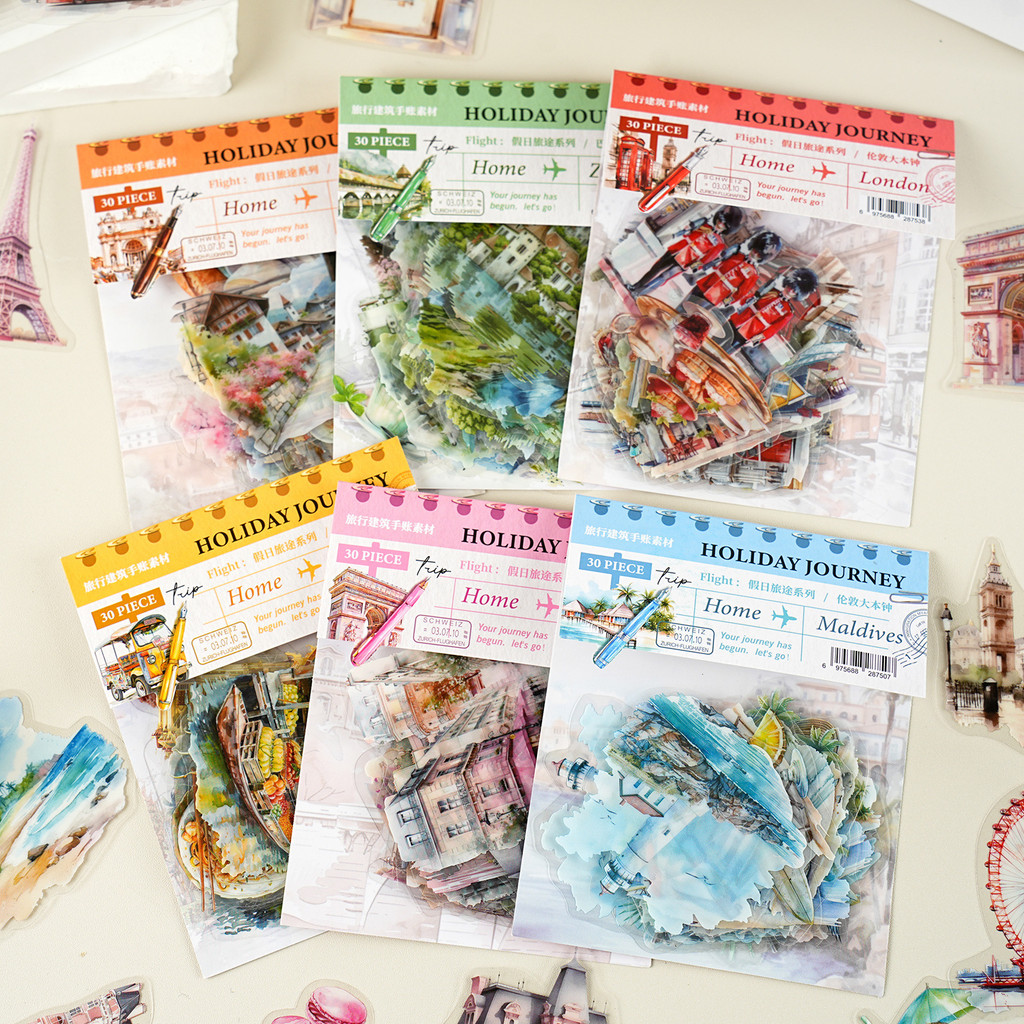 P PET Sticker Pack Holiday Journey Series Travel Construction Handbook Material 30 แผ่นใน 6 ประเภท