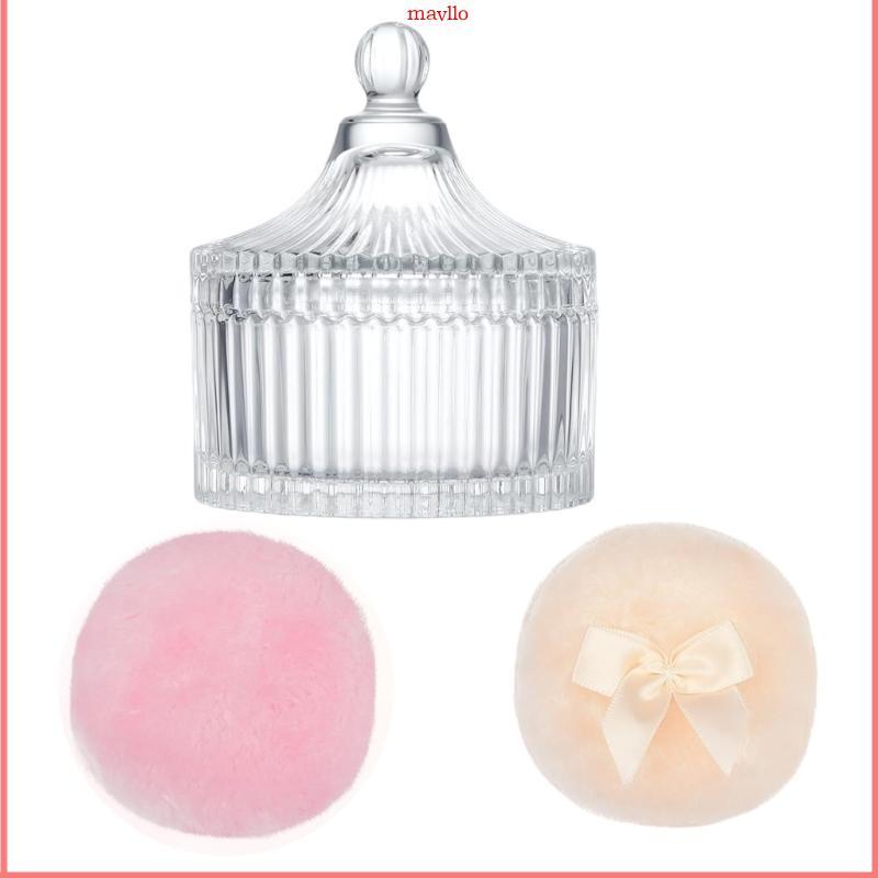 MAVLO 3 ชิ้นอเนกประสงค์ขนาดใหญ่ Body Powders Puff in Sturdy Glass Case สะดวกสําหรับผู้ที่ชื่นชอบแต่ง