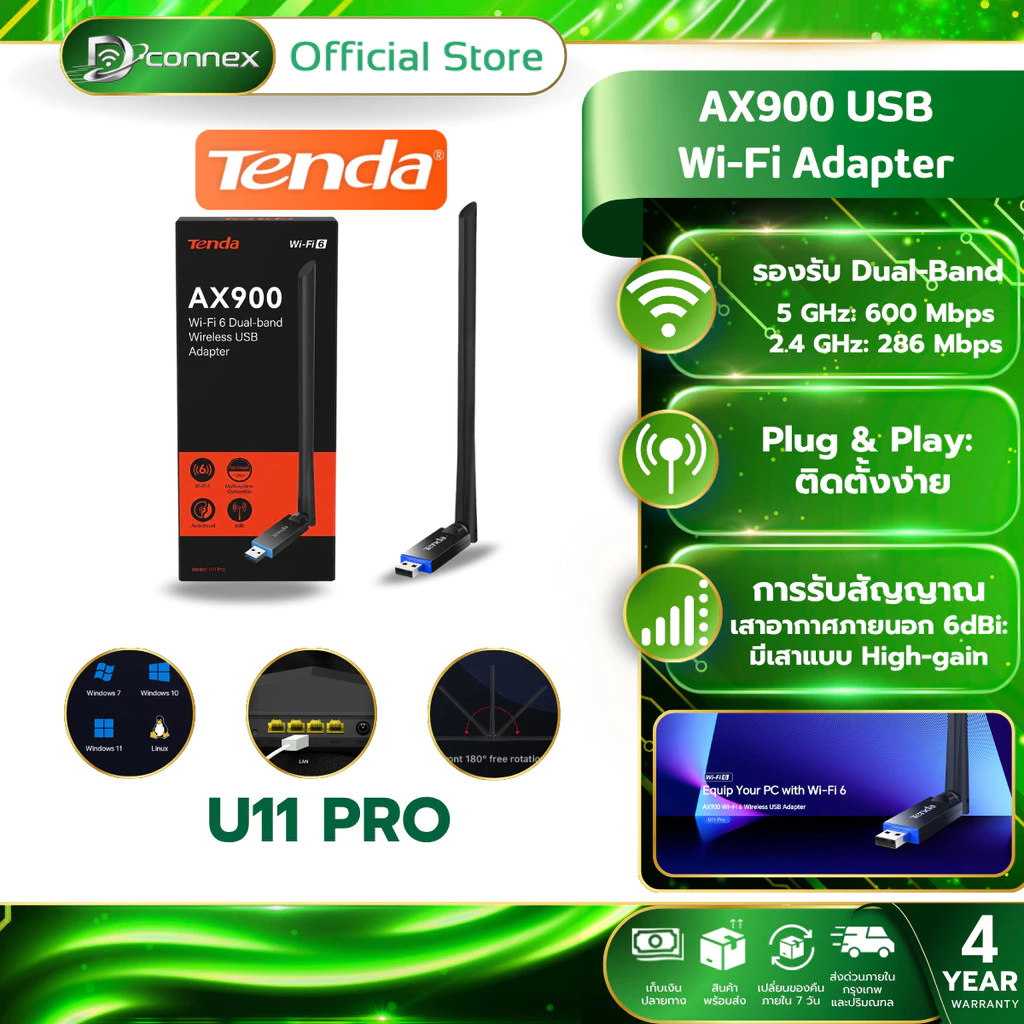 Tenda U11 Pro รับสัญญาณ USB WiFi 6 Adapter AX900 Card Dual Band 6dBi Antenna รับประกัน 4 ปี