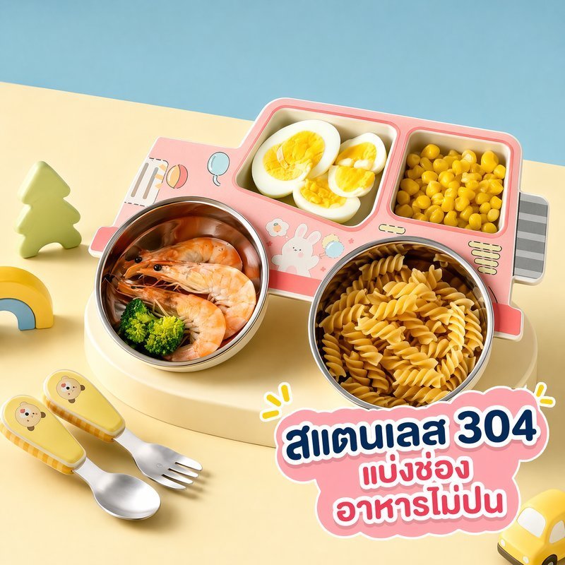 จานอาหารเด็ก ลายรถยนต์ แยกอาหารไม่ปนกัน ถาดสแตนเลส304 ถอดได้ ปลอดภัย ไม่มีบีพีเอ สำหรับเด็ก1 6ปี