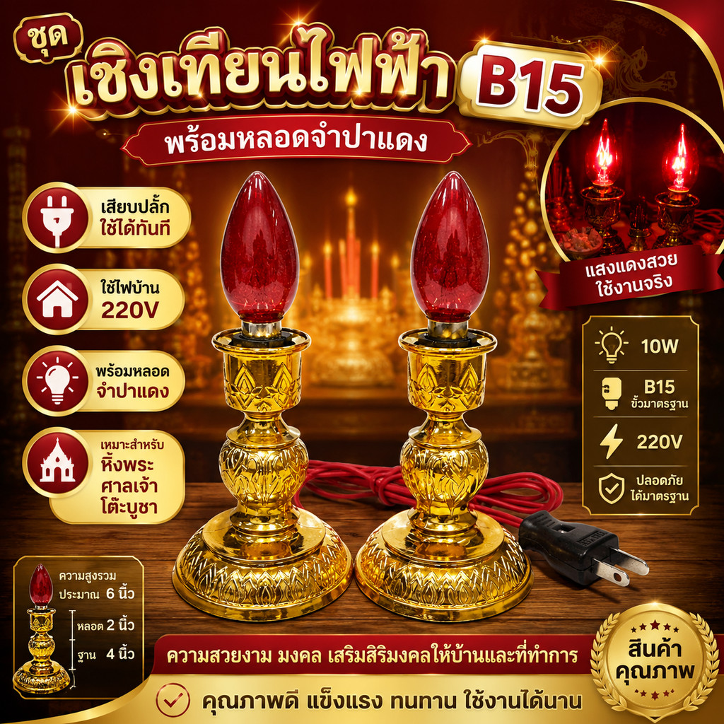 Zeazon ชุด เชิงเทียน ไฟฟ้า พร้อม หลอดจำปา แดง ใส 10W x 2 ดวง สำหรับ ตกแต่งศาลเจ้า หิ้งพระ เสียบปลั