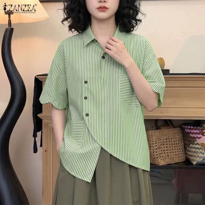 ZANZEA ซานเซีย เสื้อสตรีเกาหลีหลวมแขนสั้นลายหยักแบบอสมมาตรเสื้อลําลอง — صورة 6