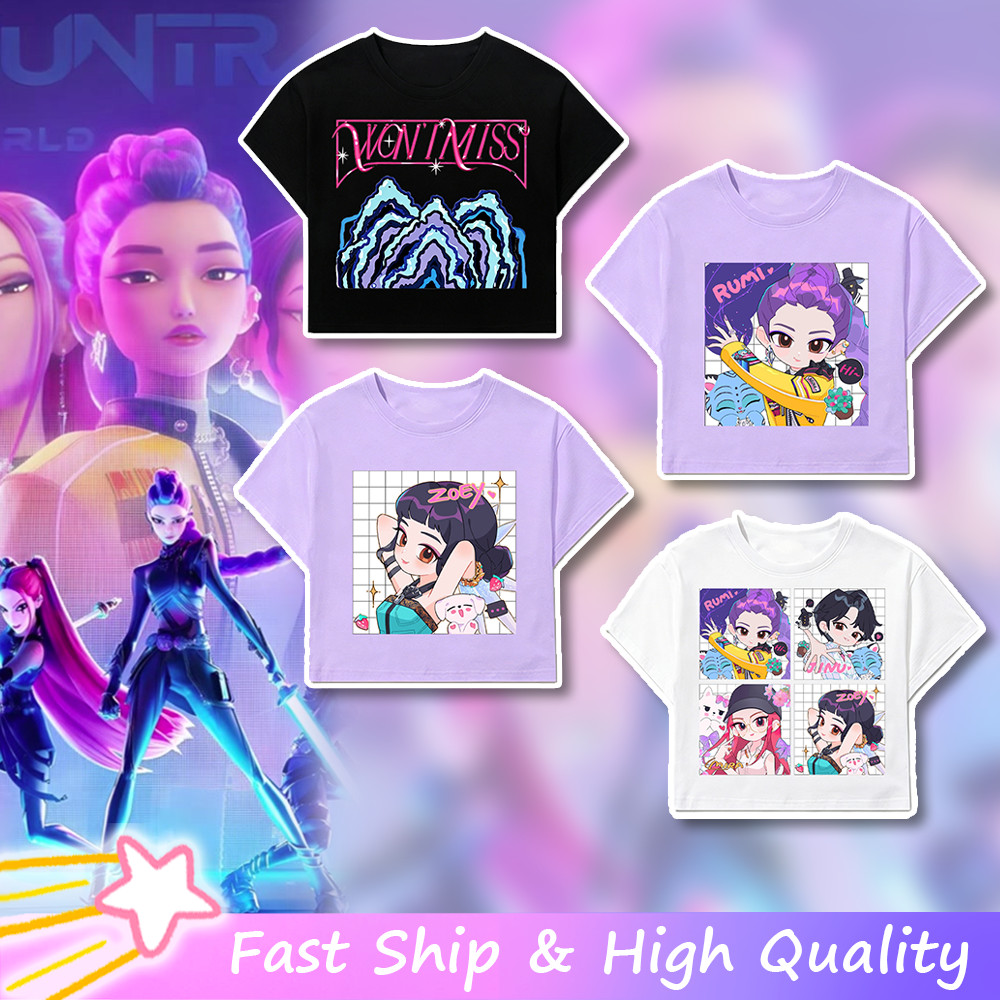 Kpop Demon Hunter Huntrix เสื้อสําหรับสาว Mira Rumi Zoey การ์ตูนสั้น 100 Cotton Tshirt สําหรับผู้หญิง Crop Top
