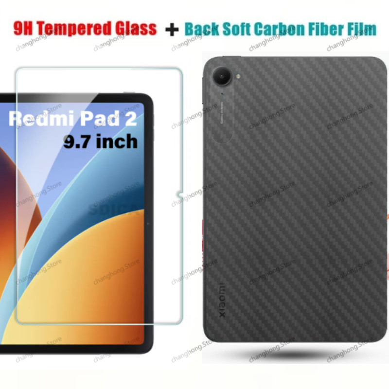 2 in 1 สําหรับ Xiaomi POCO Pad C1 9.7 นิ้ว 2026/Redmi Pad 2 SE Pad2 4G 9.7 กลับคาร์บอนไฟเบอร์ฟิล์มสติกเกอร์ + กระจกนิรภัยด้านหน้าใส