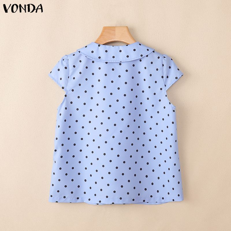 VONDA ผู้หญิงเกาหลีภาษาฝรั่งเศสคํา Girlish ตุ๊กตาคอปกแขนสั้น Double-Breasted Polka Dots A-Line เสื้อ — صورة 8