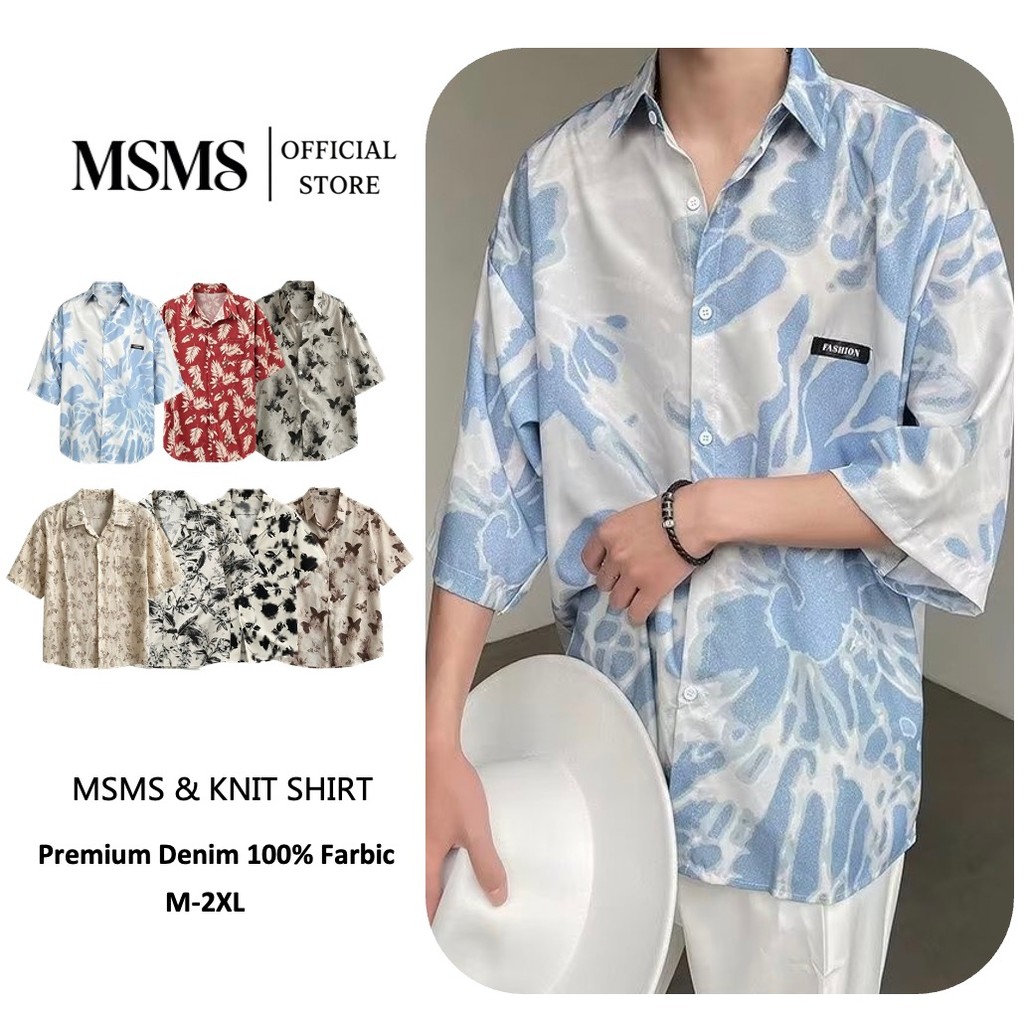 MSMS เสื้อเชิ้ตฮาวายแขนสี่ส่วนบลูบีช เทศกาลสงกรานต์