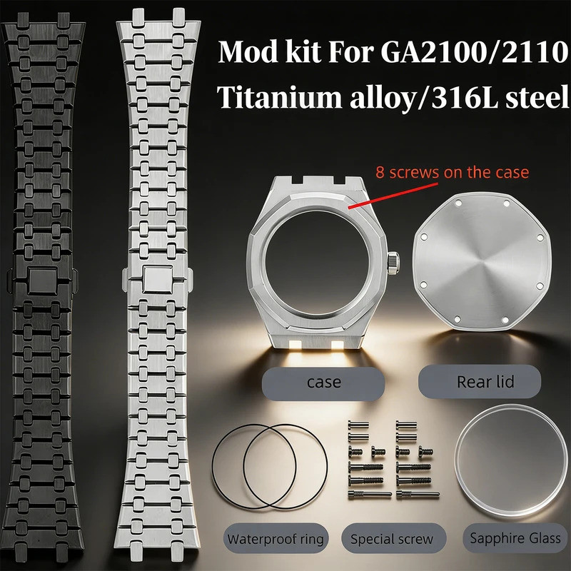 GA2100 ไทเทเนียม Mod ชุด GA-B2100 สร้อยข้อมือกระจก Sapphire CasiOak 2100 2110 สแตนเลส Bezel FKM สายย