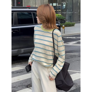 Vogue🌟พร้อมส่ง🌟 เสื้อโอเวอร์ไซส์แขนยาวคอกลม ลายทางสีพาสเทลน่ารักๆ บางเบาใส่สบาย (B357)