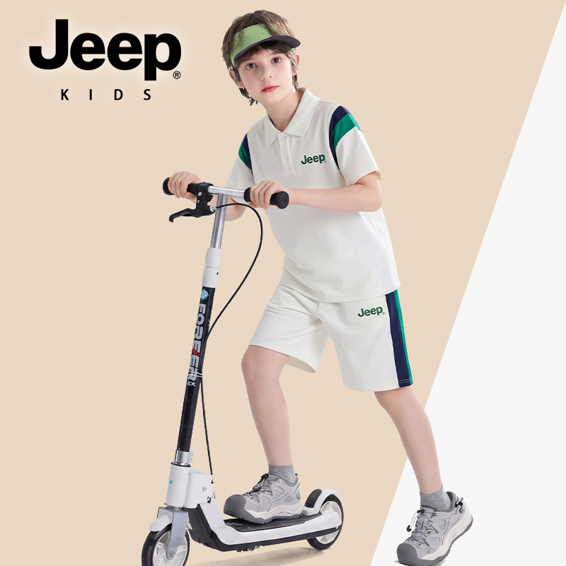 JEEP ชุดสูทแขนสั้นสําหรับเด็กชายกลางเด็กใหญ่ฤดูร้อนผ้าไหมน้ําแข็งเย็นชุดสองชิ้นกีฬาชุดลําลองแห้งเร็ว