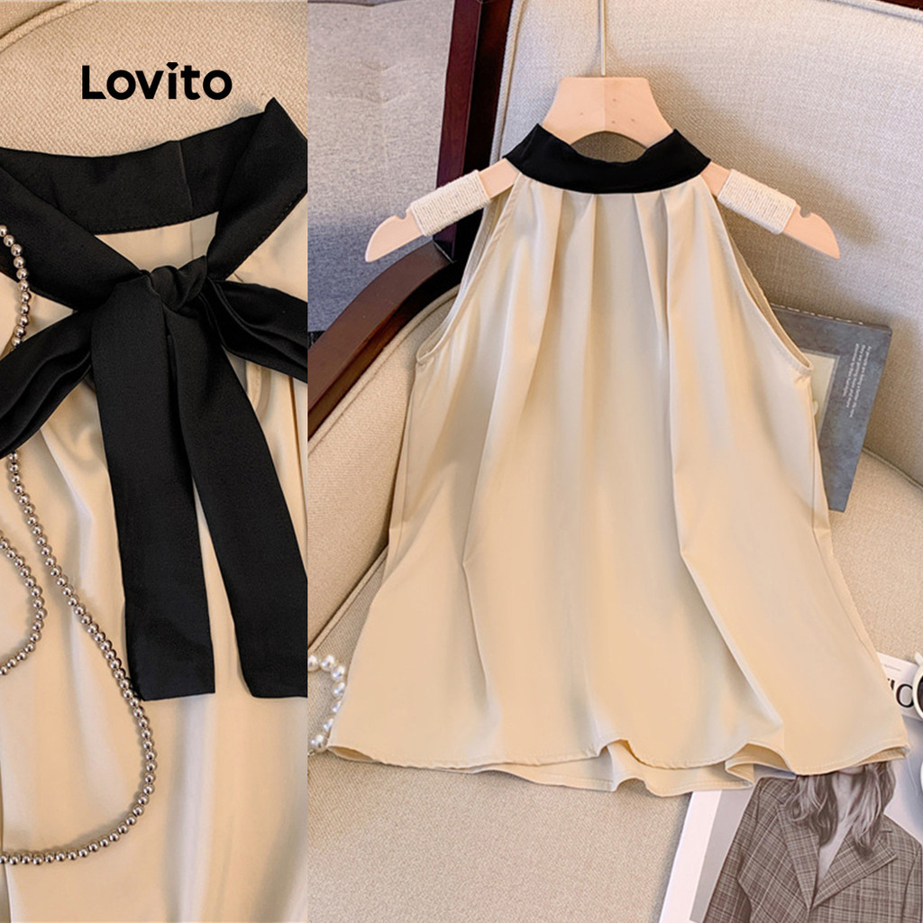 (Trendy) Lovito เสื้อกล้ามลําลองธรรมดา บล็อกสี โบว์ลูกไม้ขึ้นเสื้อกล้ามสําหรับผู้หญิง LNE39535 (แอปริคอท)