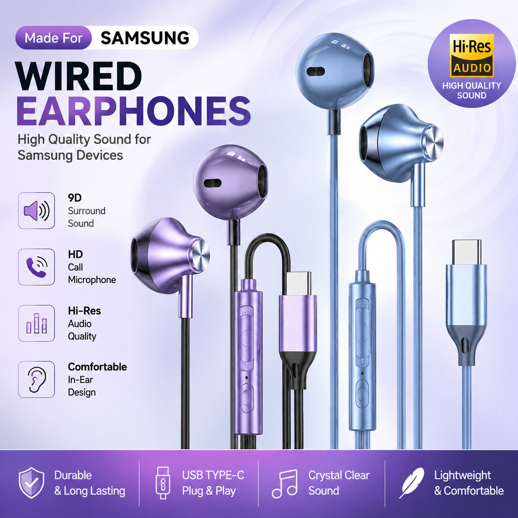หูฟัง True Wireless 9D HiFi รอบทิศทาง รองรับ Samsung Galaxy S25 S23 พร้อม Type-C และหัวเสียบ 3.5 มม. และมีรีโมทควบคุม