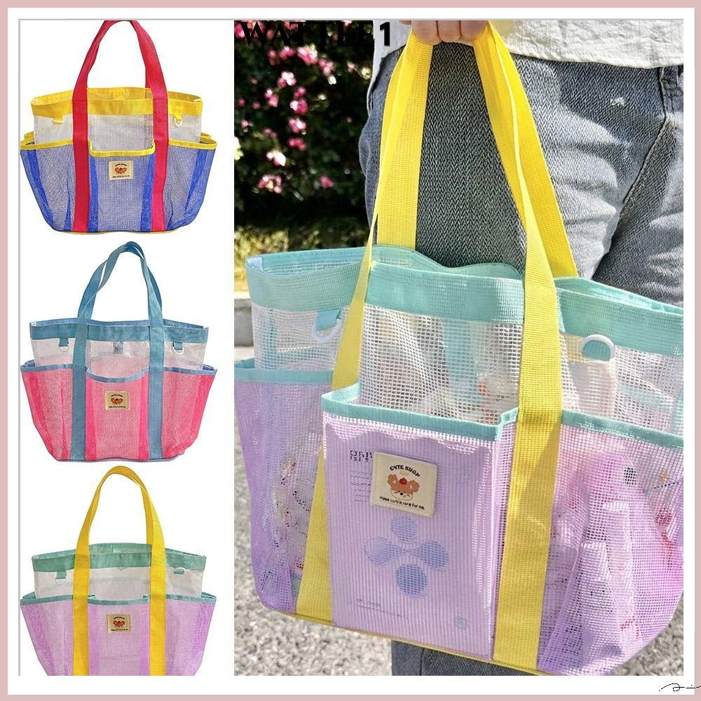 WATTLE กระเป๋าชายหาด, ความจุขนาดใหญ่หลายกระเป๋าตาข่าย Tote Bag, Multi-functional Handheld Portable Swim Bag Women Girls