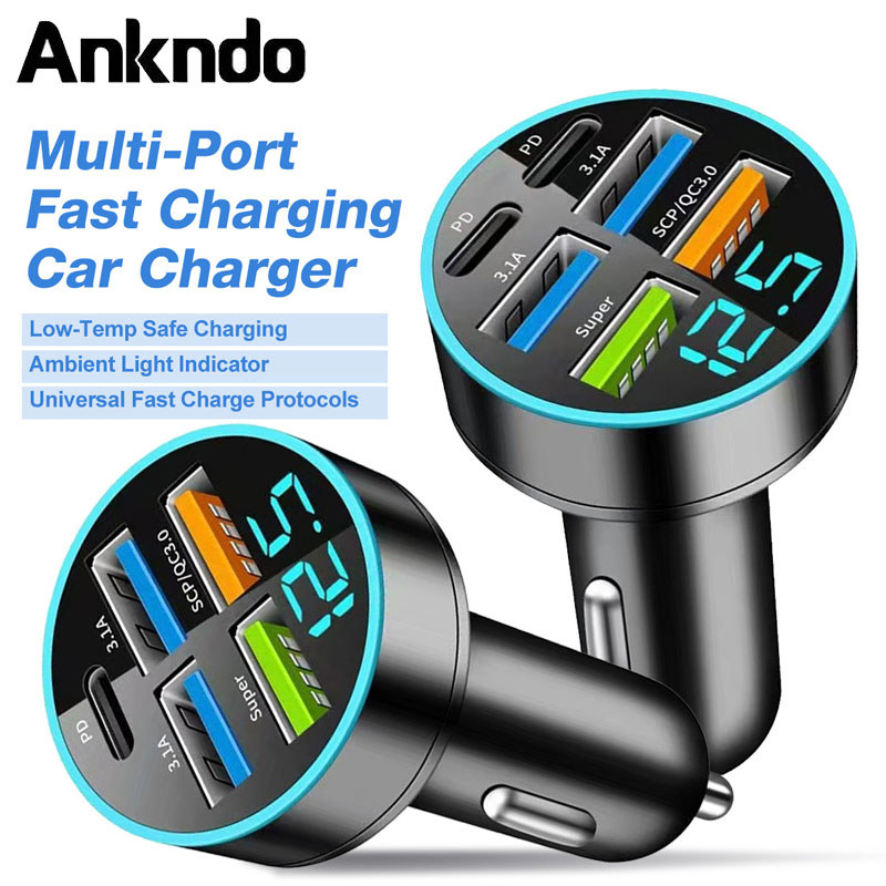 Ankndo ที่ชาร์จแบตในรถ 5 พอร์ต 4USB QC3.0 PD Type-C จอแสดงผลดิจิตอลเครื่องชาร์จในรถยนต์ 3.1A พร้อมการตรวจจับแรงดันไฟฟ้าอะแดปเตอร์แปลงไฟรถยนต์หลายพอร์ต