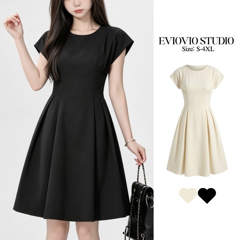 S-4XL 【EVIOVIO】💓เดรสเอวสับพรางพุง แมตช์ง่ายลุคคุณหนูมินิมอล ชุดออกงาน เดรสพรางหุ่น ชุดทำงานผู้หญิง เดรสสาวอวบ พร้อมส่ง🍣