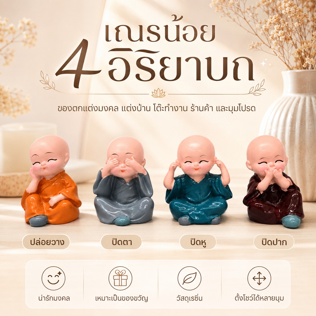 ชุดตุ๊กตาเณรน้อย 4 ชิ้น แต่งคอนโซลรถ แต่งบ้าน แต่งกระถางต้นไม้ วางโต๊ะทำงาน แต่งสวน ของขวัญน่ารักมีความหมาย