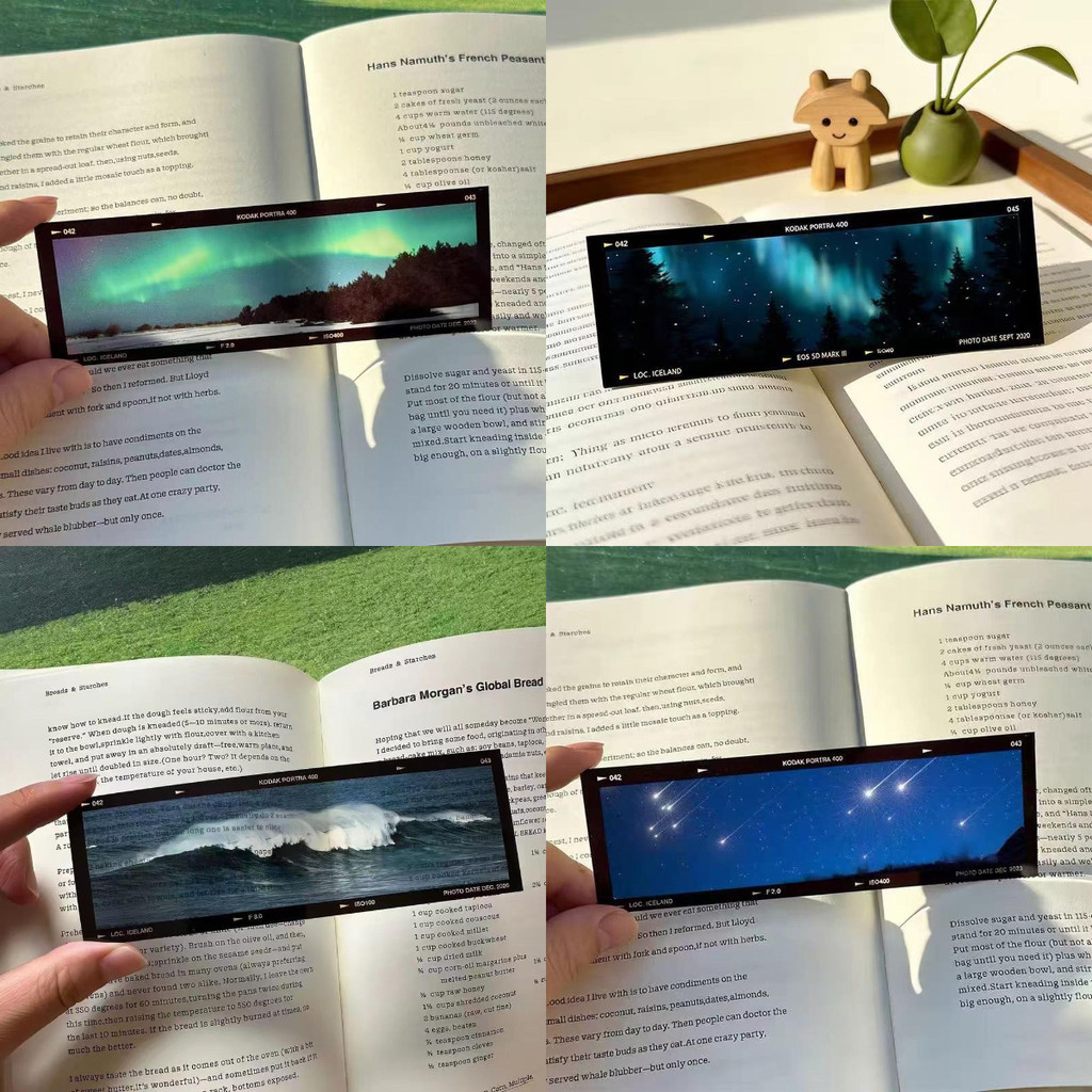 แถบฟิล์มอะครีลิควินเทจ ที่คั่นหนังสือแนวนอน , ออโรร่า, เครื่องหมายหน้าท้องฟ้าเต็มไปด้วยดวงดาวและพระอาทิตย์ตก, ที่คั่นหนังสือแม่เหล็กโปร่งใ