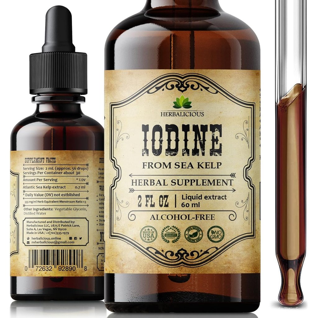 HERBALICIOUS Iodine Drops – Natural Iodine Liquid from Sea Kelp – Thyroid Supplement for Energy, Dig