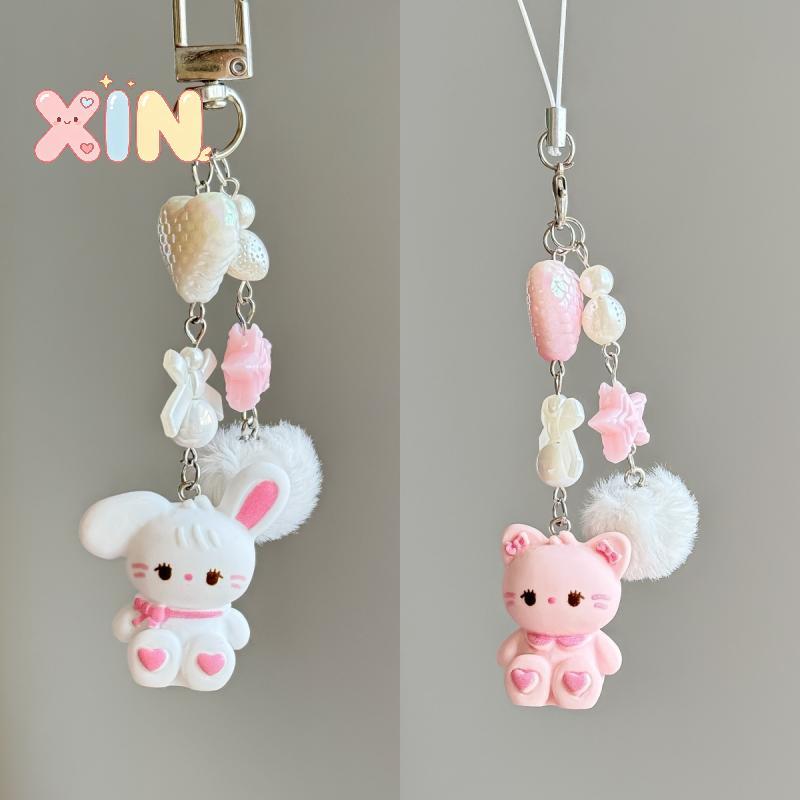 ^N^ กระต่ายน่ารักคิตตี้หมีจี้พวงกุญแจลูกปุยโบว์ลูกปัดโซ่โทรศัพท์มือถือป้องกันการสูญหายเชือกเส้นเล็ก น่ารัก กระเป๋าเสน่ห์ของข