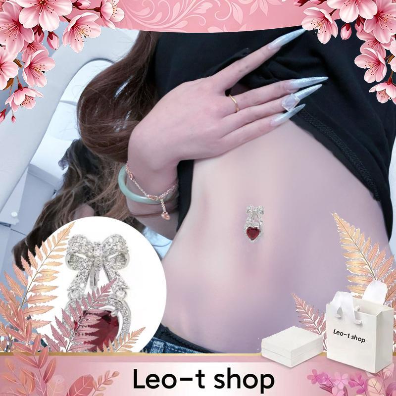 LEO-T แฟชั่นแหวนติดสะดือรูปหัวใจทำจากเพทายเงางามเครื่องประดับสำหรับผู้หญิงคอด